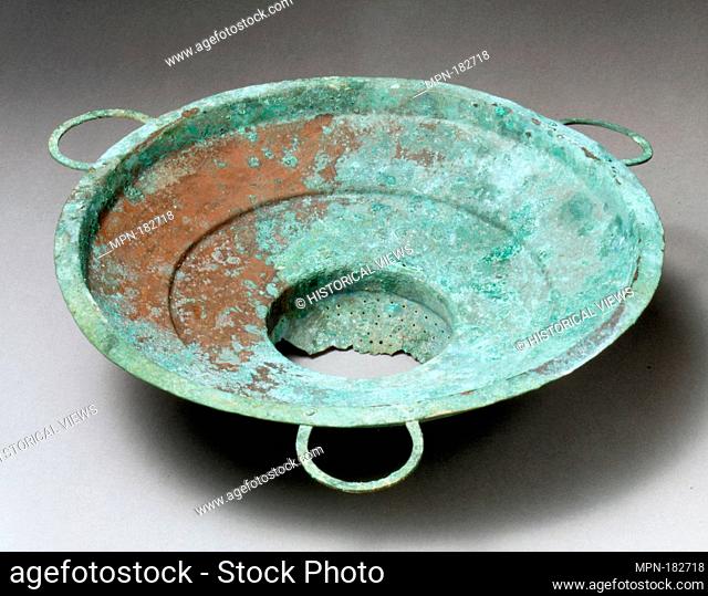 Strainer. Period: Late Iron Age; Date: 10th century B.C; Culture: Cypriot; Medium: Bronze; Dimensions: H. 4 13/16 in. (12.2 cm); diameter 14 3/4 in