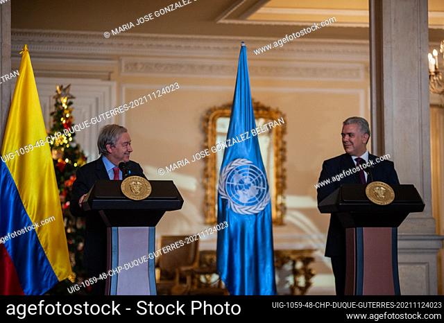 United Nations Secretary-General Antionio Guterres (left) and Colombia's president Ivan Duque give a press conference during the visit of the United Nations...