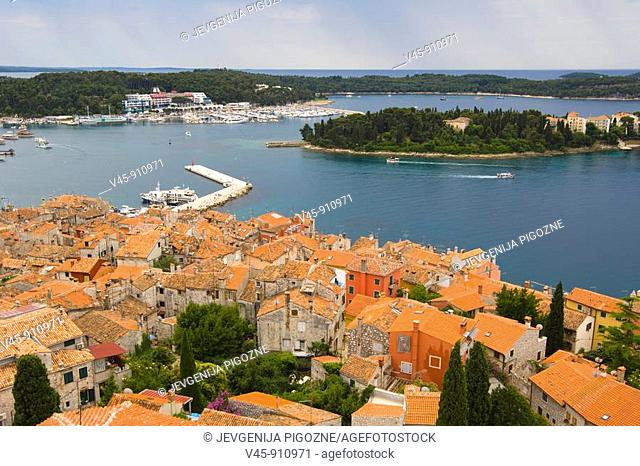 Rovinj and Sv Katarina Island from the tower of Saint Euphemia's basilica, Istria, Croatia