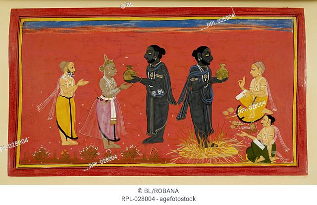 The magic food, A celestial being appears from the sacrificial fire, bearing a bowl of magical food to be given to Dasaratha's wives