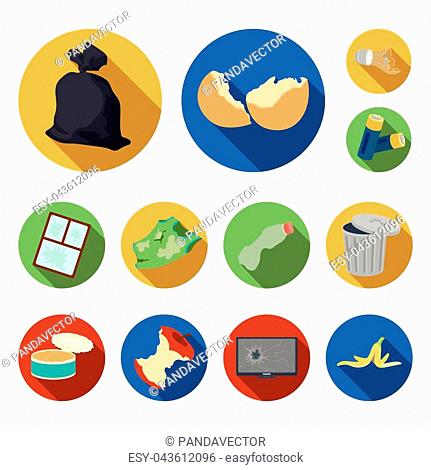 Garbage and waste flat icons in set collection for design. Cleaning garbage vector symbol stock illustration