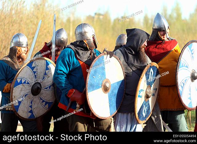 Group of slav warriors in reenactment battle rehearsal training