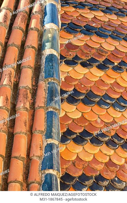 Tiling at dome, church of Saint Justa and Saint Rufina tower detail, Orihuela, Alicante province, Spain