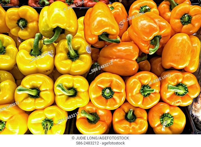 Yellow and Orange Peppers stacked in a supermarket food display. Manhattan, New York City