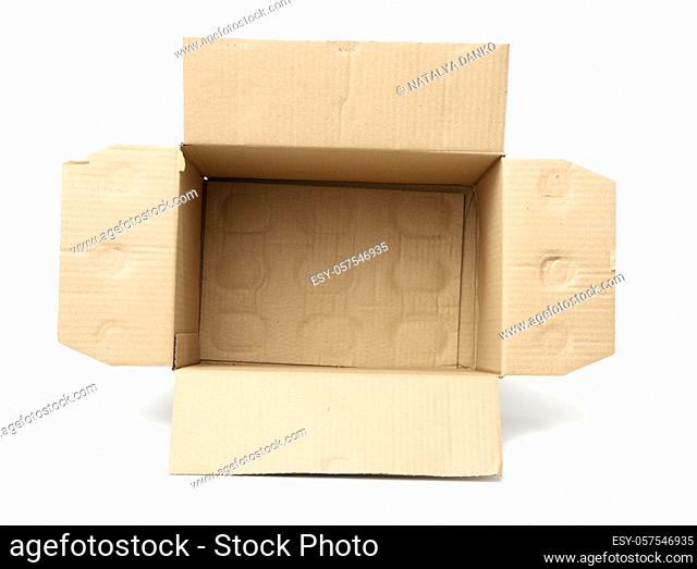 open empty cardboard rectangular box made of corrugated brown paper isolated on a white background, top view