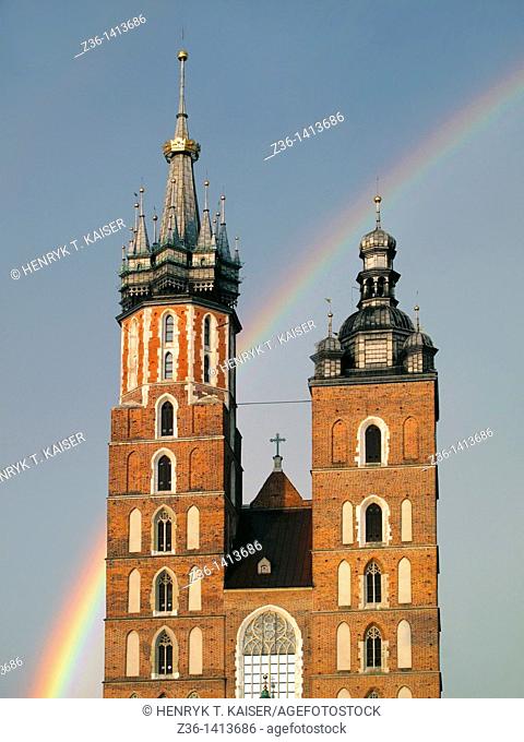 Rainbow over Mary the Virgin Basilica at Main Market Square, Krakow, Poland, Europe