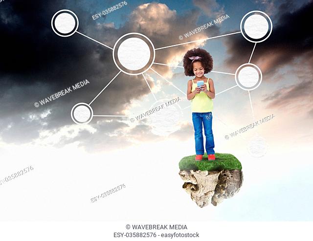 Young Girl on floating rock platform in sky with device with connectors interface