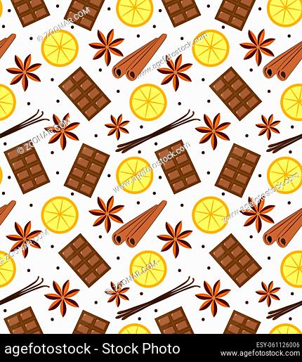 Spices seamless pattern. Mulled wine and chocolate endless background, texture. illustration