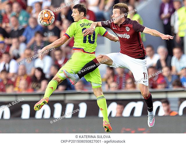 Alan Dzagoev, of CSKA Moscow, left to right, and Lukas Marecek of Sparta in action during the third qualifying round of the Champions League return match...
