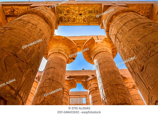 Columns and blue sky in the great hypostyle hall at the temple of Amon-Re in Karnak, Egypt, October 22, 2018