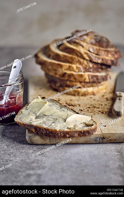 Sourdough bread with butter and jam