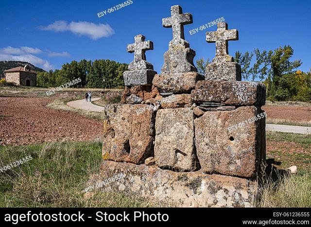 crosses on the road, Ermita de Santa Coloma, Albendiego, Guadalajara province, Spain
