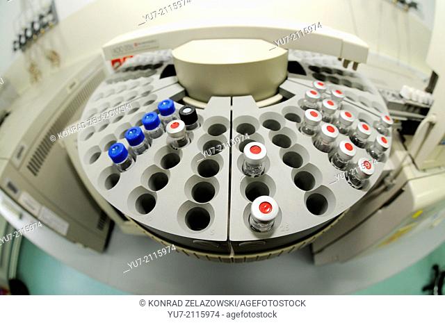 Sample vials on Gas Chromatograph autosampler in The Central Forensic Laboratory of the Polish Police in Warsaw