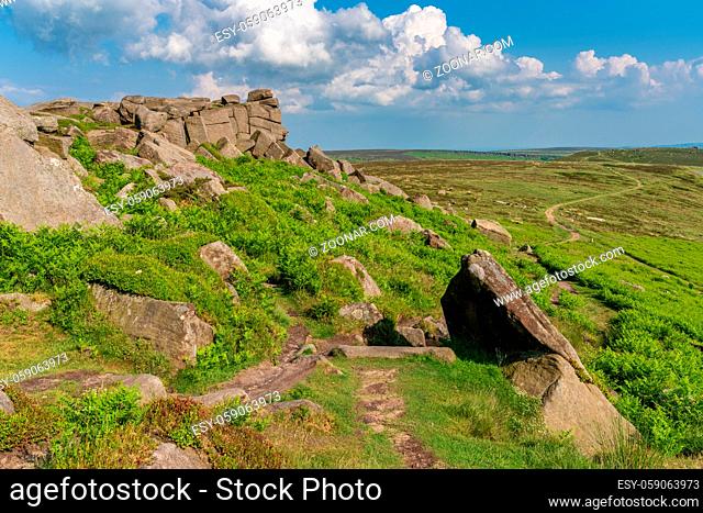 On top of Stanage Edge near Hathersage in the East Midlands, Peak District, Derbyshire, England, UK