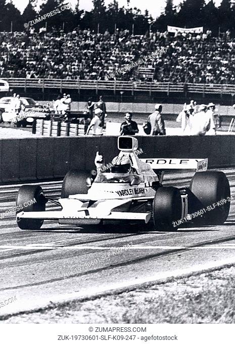 Jun 01, 1973 - Smaland, Sweden - DENNY HULME crosses the finish line in a Mclaren to win the Swedish Grand Prix in Anderstorp. Exact date unknown