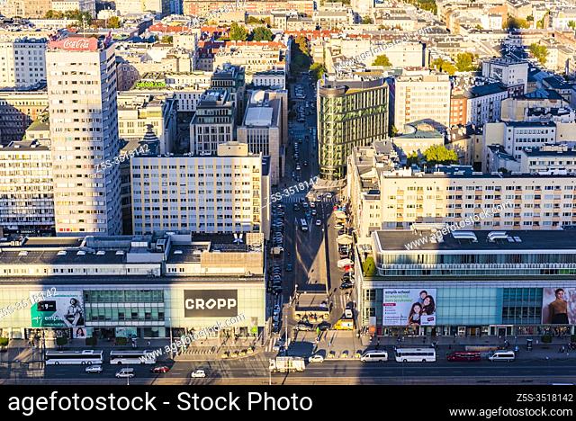 View of warsaw east. The monumental Palace of Culture and Science shows its shadow over the city. Warsaw, Poland, Europe