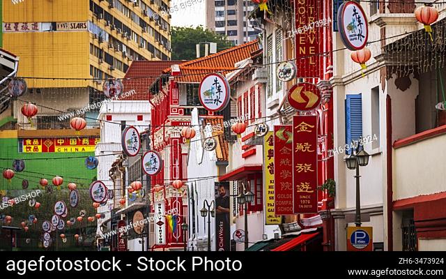 Shops and hanging lanterns on Temple Street in Chinatown, Singapore, Republic of Singapore