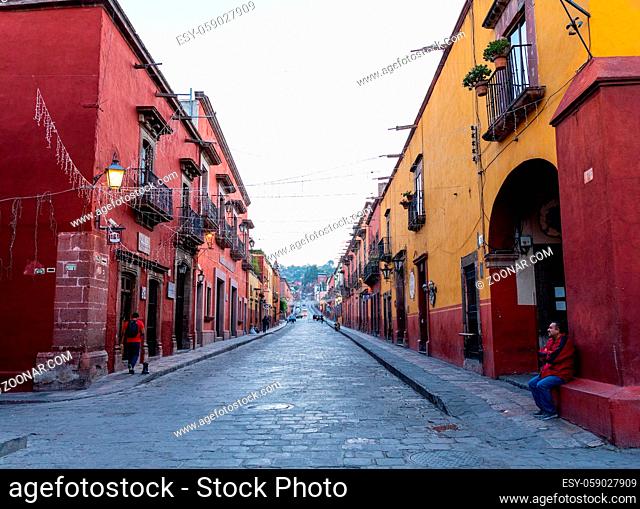 San Miguel de Allende, Guanajuato, Mexico - Nov 25, 2019: Locals and tourists, starting their day in the streets of the downtown area