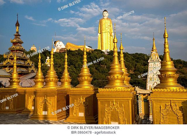 Lay Kyun Sakkya, standing Buddha, reclining Buddha, statues, and Aung Sakkya Pagoda, Maha Bodhi Ta Htaung monastery, Monywa, Sagaing Division, Myanmar