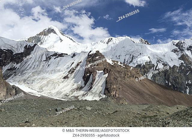 Engilchek Glacier and Khan Tengri Mountain, Central Tian Shan Mountain range, Border of Kyrgyzstan and China, Kyrgyzstan