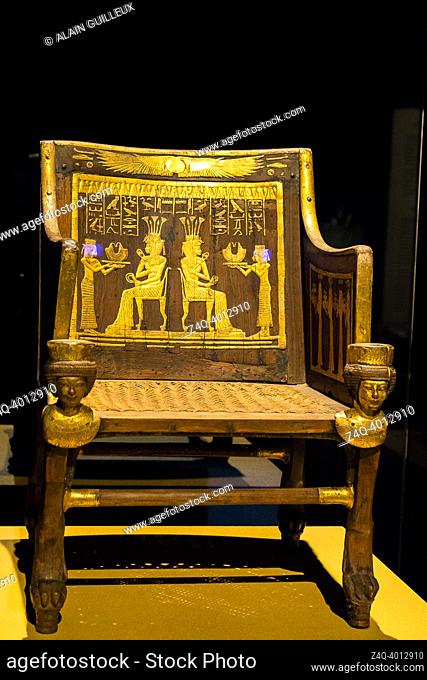 Egypt, Cairo, Egyptian Museum, from the tomb of Yuya and Thuya in Luxor : Wooden chair, with plastered and gilded decorations