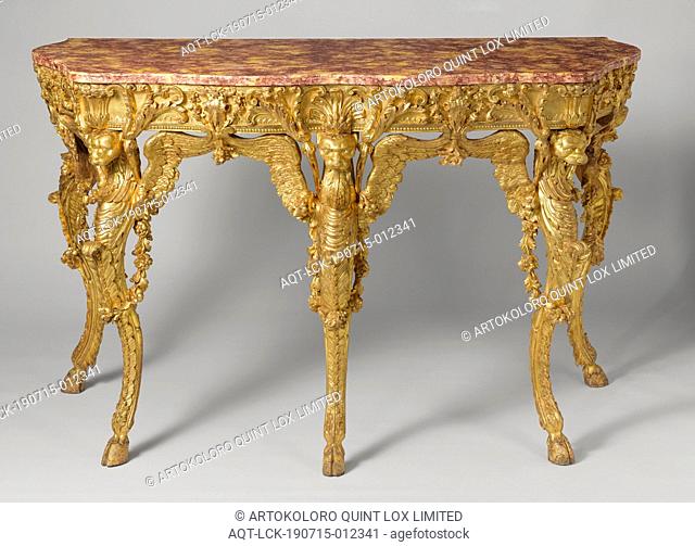 Console table Wall table, The furniture rests on five stretched S-shaped buck legs, adorned with leafwork with hanging flower festoons on the top