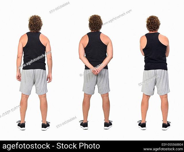 rear view of a same man wearing sports tank tops and shorts and various poses on white background
