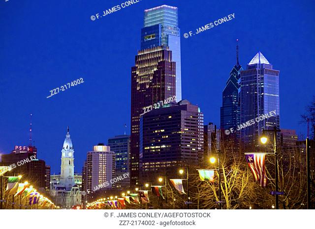 The Philadelphia skyline, with the towering Comcast Center