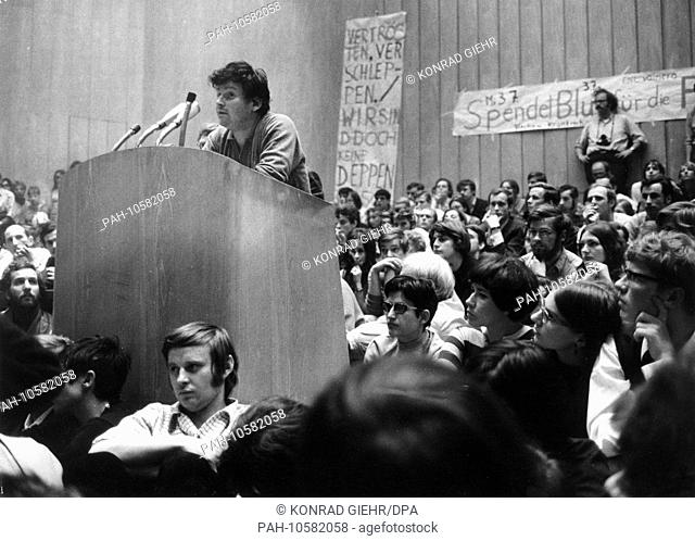 Student leader Daniel Cohn-Bendit, who was banished from France, speaks in front of 2, 000 students in the Auditorium Maximum at the Free University of Berlin...