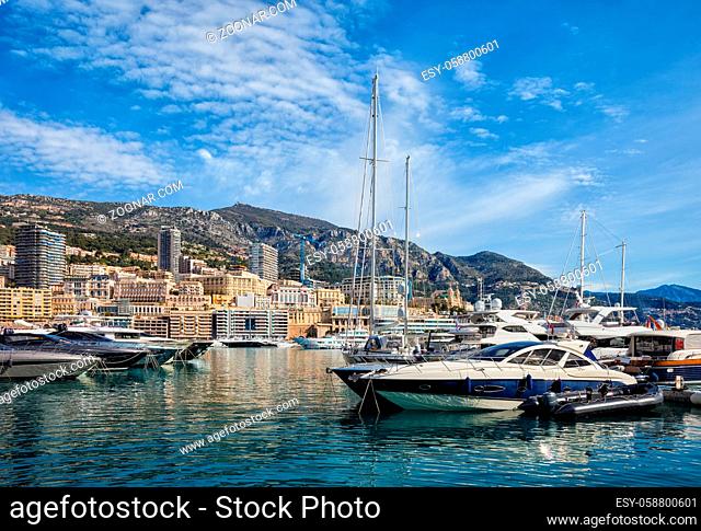 Monaco Monte Carlo, city skyline and yachts in Port Hercules