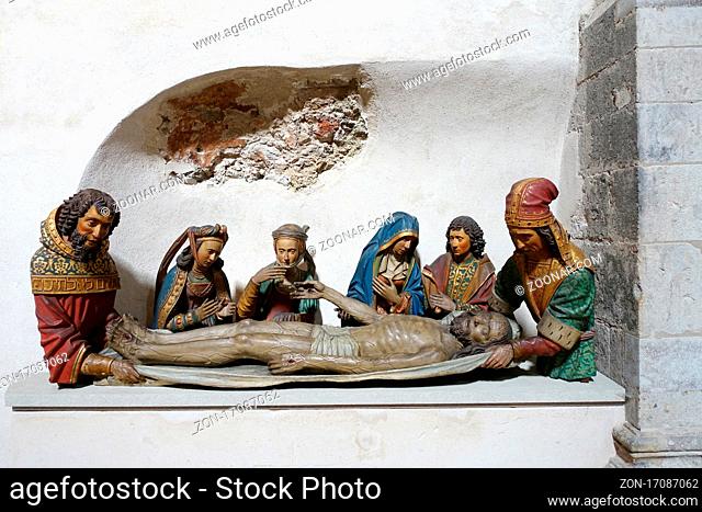Grablegungsgruppe in Gross St. Martin, romanische Basilika aus dem 12. Jahrhundert, Köln, Nordrhein-Westfalen, Deutschland