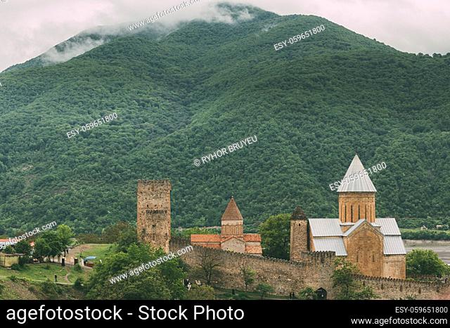Church In Castle Complex Ananuri In Georgia, About 72 Kilometres From Tbilisi. Famous Landmark. Cultural Historic Heritage. Popular Place