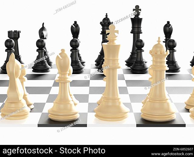 Chess board with starting positions aligned chess pieces, back view, isolated on white background