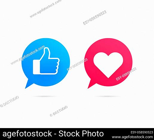 New like and love icons. Printed on paper. Social media. Vector stock illustration