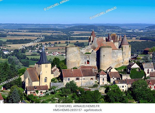 France, Cote d'Or, Chateauneuf en Auxois, labelled The Most beautiful Villages of France, the castle (aerial view)