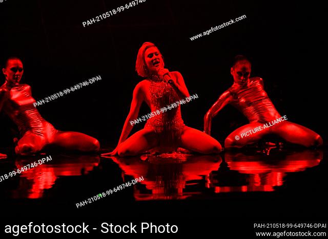 17 May 2021, Netherlands, Rotterdam: Singer Elena Tsagrinou (M, Cyprus) performs the song ""El Diablo"" during the second dress rehearsal of the first...