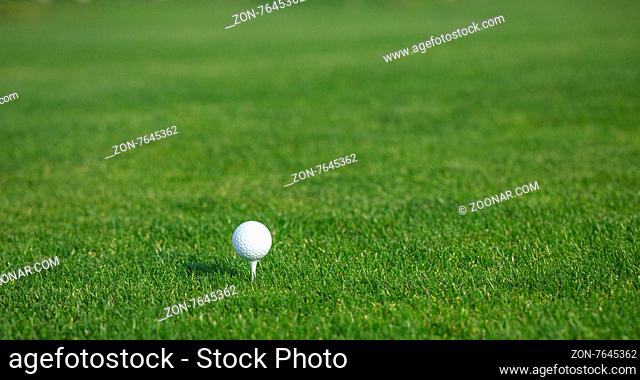 Golf ball isolated on beautiful golf green course. Golf ball on grass in front of the green background