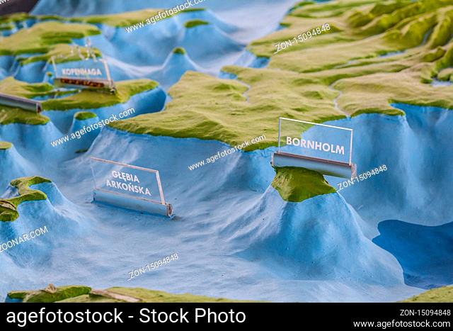Danish island Bornholm and Arkona Basin on maquette of Baltic Sea floor