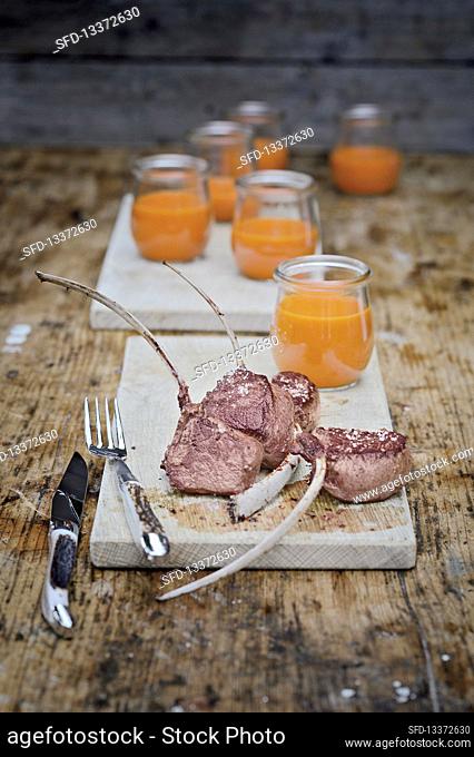 Venison chops with smoked tomato soup
