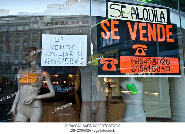 16 February 2014 - Santander, Spain - A clothing shop that recently had to cease its activities and close down due to the lingering economic downturn affecting...