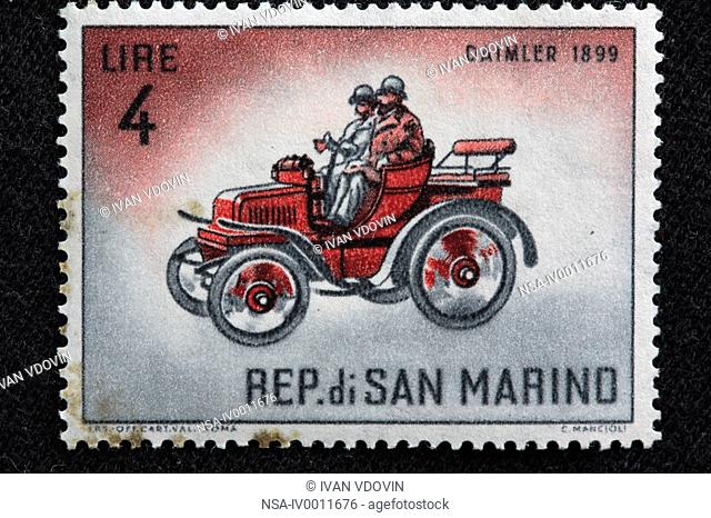 Car Daimler 1899, postage stamp, San Marino