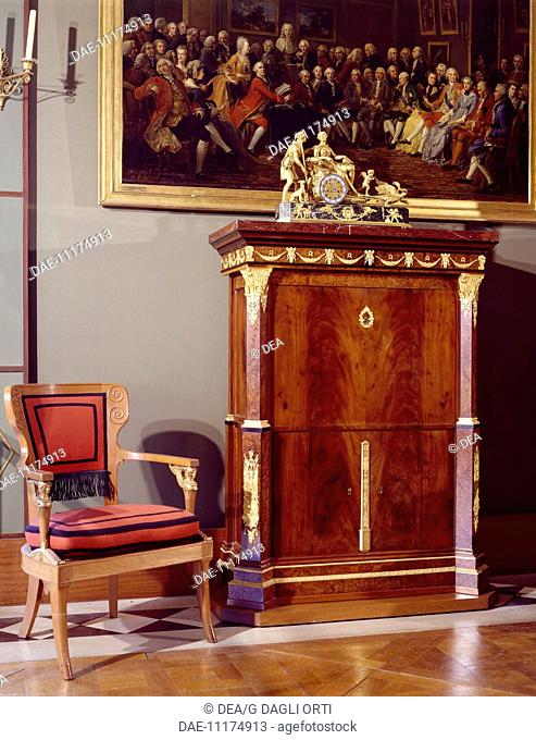 The bureau created by Simon Mansion, the chair by the the Jacobs brothers and framework of the music salon by Lemonnier, Chateau de Malmaison in Rueil-Malmaison