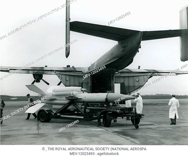 Bristol Bloodhound surface-to-air guided missile about to be loaded into Blackburn Beverley C1 XB265