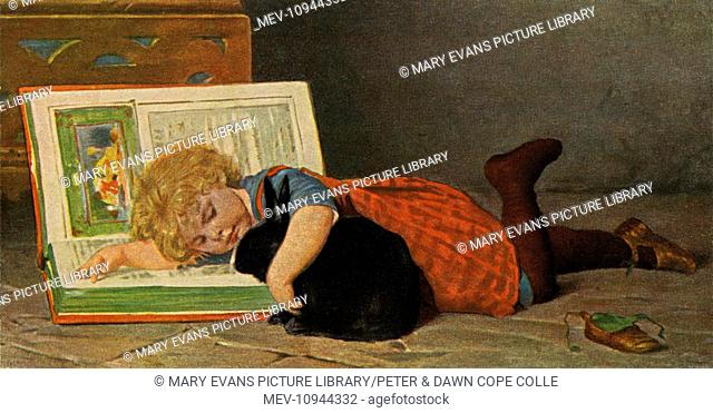 Child with book & rabbit. Young girl lying on a carpet with her pet rabbit whilst reading a book. Artist: H Kaulbach