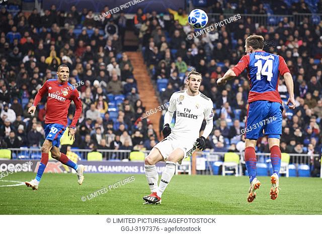 Gareth Bale (midfielder; Real Madrid), Kirill Nababkin (defender; CSKA Moscow). in action during the UEFA Champions League match between Real Madrid and PFC...