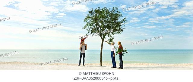 Ecology concept, group of people adding branches to tree on beach