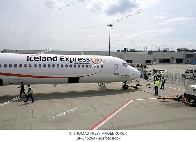 One of airline Iceland Express's airplanes on the apron of Frankfurt-Hahn Airport, Rhineland-Palatinate, Germany, Europe