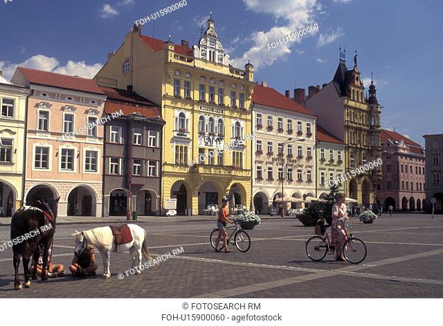 Czech Republic, Ceske Budejovice, Budweis, Southern Bohemia, Children with ponies in The Great Square in Budweis