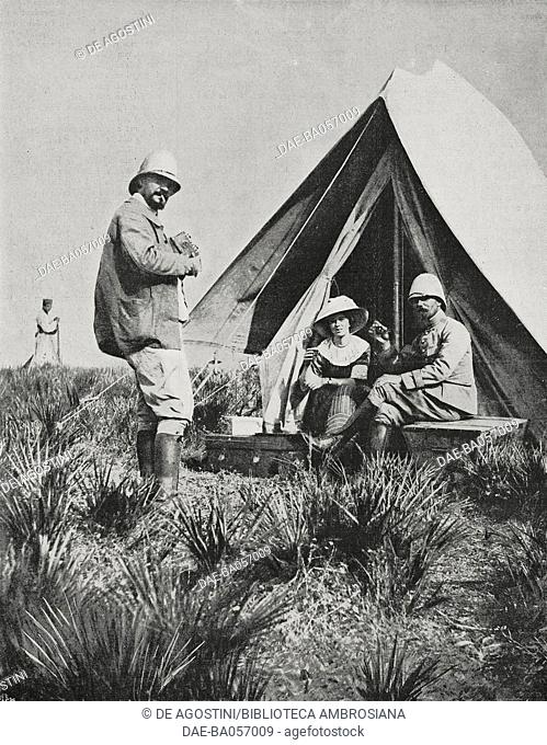 Mr and Mrs Ladreit de Lacharriere, in front of their tent, offering tea to Colonel Gouraud, Morocco, photo from L'Illustration, No 3572, August 12, 1911