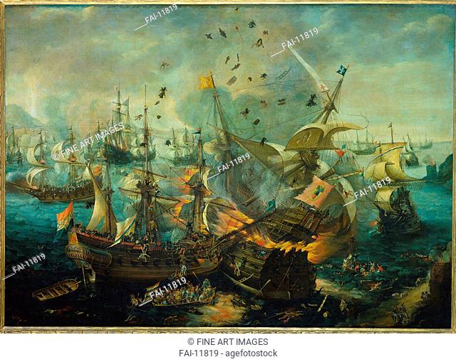The Explosion of the Spanish Flagship during the Battle of Gibraltar, 25 April 1607. Vroom, Hendrick Cornelisz. (1562. 3-1640). Oil on canvas. Baroque